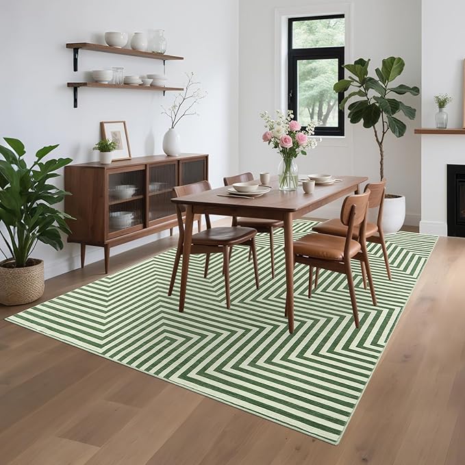 8x10 Washable Large Rug for Living Room Neutral Modern Geometric Lines Rugs for Dining Kids Room Playroom Low Pile Soft Bedroom Carpet Thin Foldable Modern Abstract Rug, Green