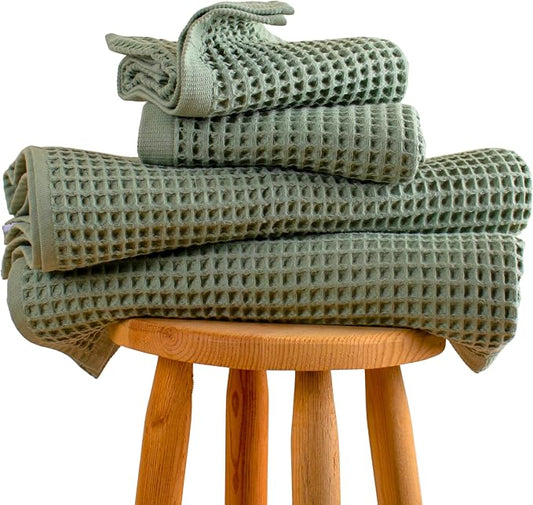 PÜSKÜL 4-Piece Natural 100% Turkish Cotton Luxury Waffle Towels for Bathroom | Premium Honeycomb Weave 2 Hand Towel & 2 Bath Towel Set | Soft Absorbent Quick-Dry Lightweight Towels (Sage Green)