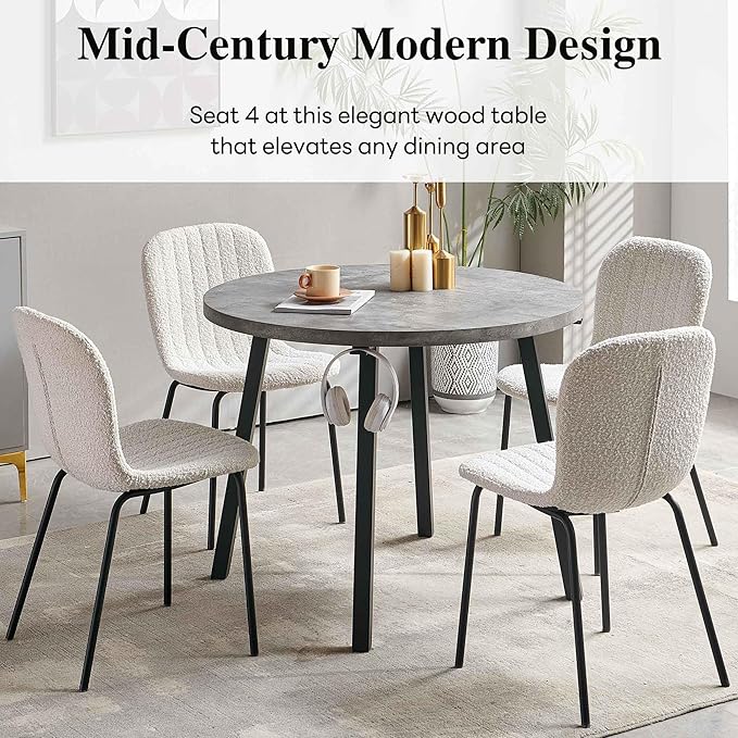 NORDICANA 4-Person Round Dining Table Set for Small Spaces, Industrial Style 37.4 Dia Grey Engineered Wood Kitchen Table with Boucle Dining Side Chairs, Biege,