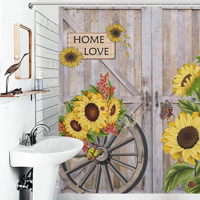 Rustic Sunflowers Butterfly Shower Curtain, Wooden Board Western Barn Door Farmhouse Vintage Daisy Floral Botanical Waterproof Shower Curtains for Bathroom Decor 12 Pack Hooks 72x72in (183x183cm)