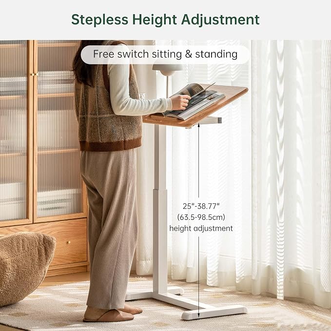 Height Adjustable Bedside Desk, 100% Solid Wood Overbed Table with Wheels, Rolling Laptop Table for Home, Office, Study, Bedroom