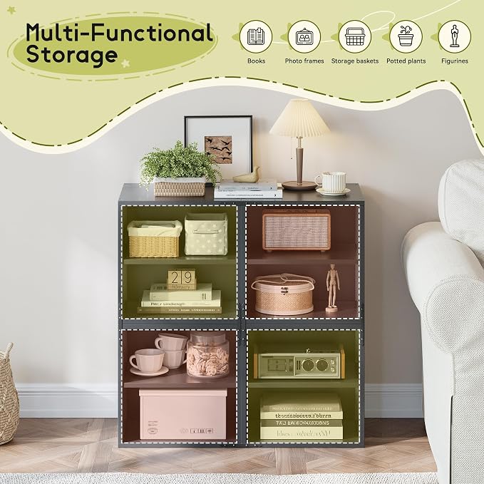 Homkdom 4 Cube Storage Organizer with 2 Removable Open Shelves, DIY Bookcase with Anti-Tip Design, Stackable Cube Shelf for Bedroom, Office, Dorm, Black