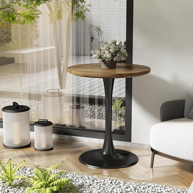 Round Dining Table 24" Circle Tulip Table with Wood Thickened Tabletop & Sturdy Metal Pedestal Mid Century Modern Farmhouse Kitchen Tables 2 People Small Places Living Room Cafe,Somber Walnut
