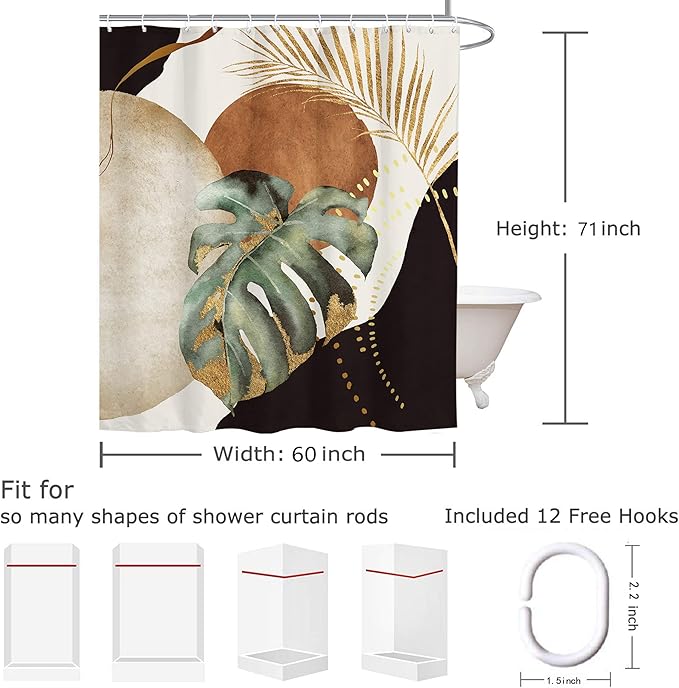 Yookeb Abstract Mid Century Bathroom Shower Curtain 60W by 71H Inch Modern Plant Neutral Minimalist Brown Leaves Aesthetic Polyester Fabric 12 Plastic Hooks Waterproof Decor