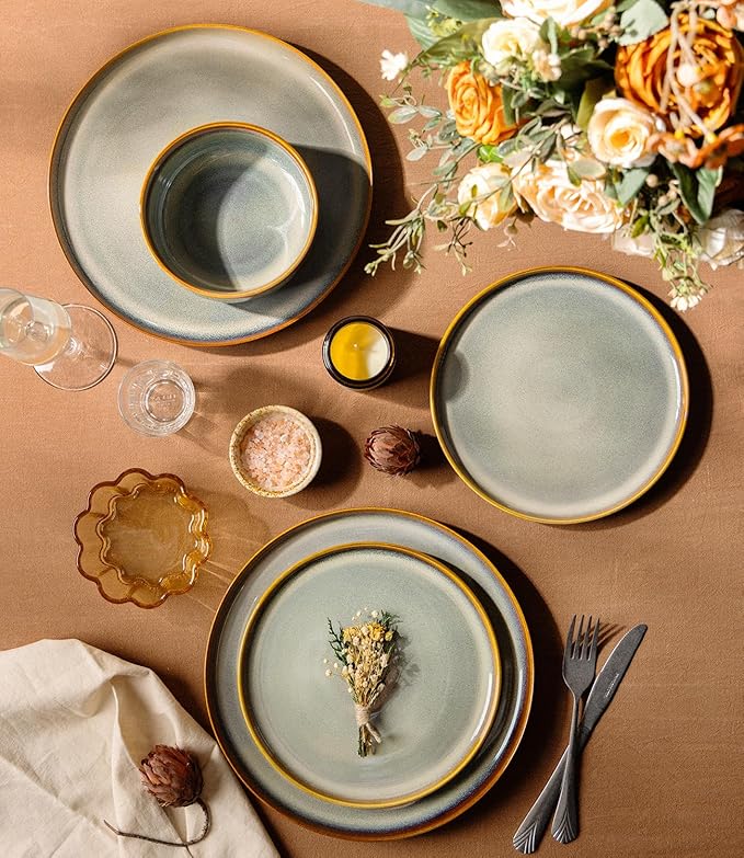 TheTerra Ceramic Dinnerware Sets for 6, 18 Pieces Handmade Reactive Glaze Plates and Bowls Set, Scratch Resistant Dish Set, Oven & Microwave & Dishwasher Safe, Dusk Blue
