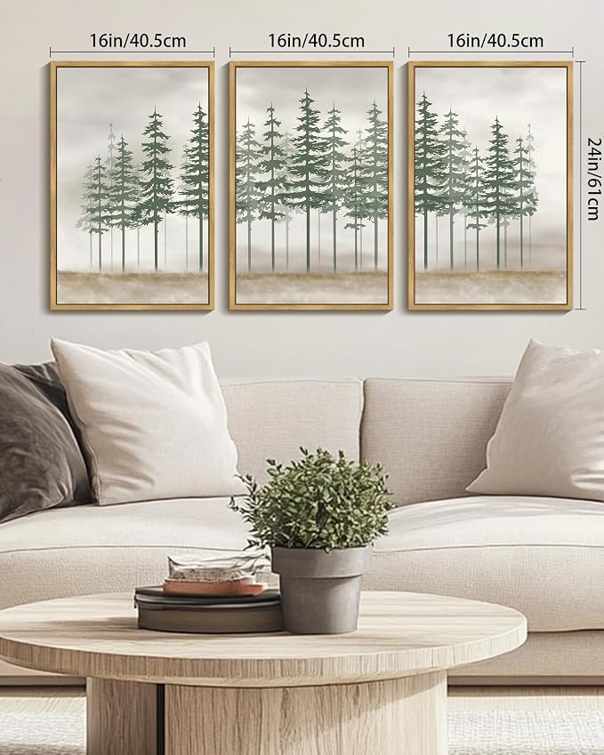 KUVIOKE Green Foggy Misty Pine Tree Framed Canvas Wall Art Watercolor Nature Abstract Forest Wall Decor Rustic Minimalist Painting for Bedroom Dining Room 16x24in (Natural Framed)