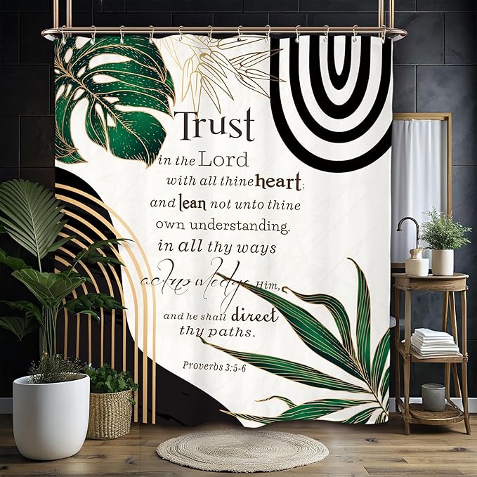 Miyotaa Abstract Bible Quotes Shower Curtain Set 60Wx71H Inches Minimalist Aesthetic Modern Emerald Green Contemporary Plant Leaves Neutral Positive Waterproof Bathroom Curtain with 12 Hooks