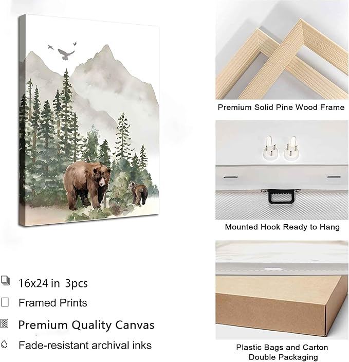 3Pcs Woodland Nursery Wall Art Wild Animals Posters Pictures Foggy Forest Canvas Prints Adventure Theme Kids Wall Decor Watercolor Paintings for Children Boys Room Girls Room Framed