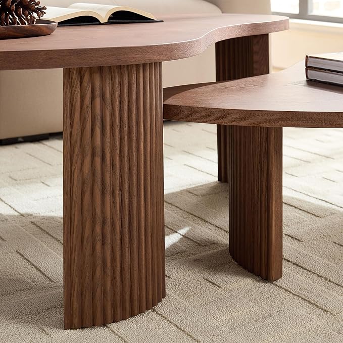 Nesting Coffee Table Set of 2, Irregular Shape Center Table 2-Piece Modern Side Table End Table for Living Room Aoartment Office, Walnut