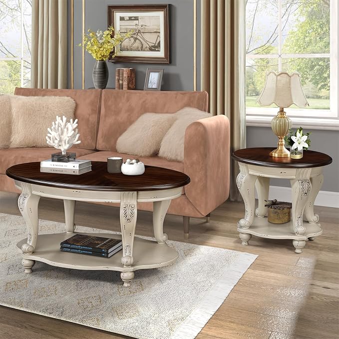 22'' Round End Table Solid Wood Sofa Side Table with Storage Shelf, Living Room Corner Table Retro Accent Table with Cherry Tabletop, Easy Assemble Round Bedside Table Night Stand for Small Space