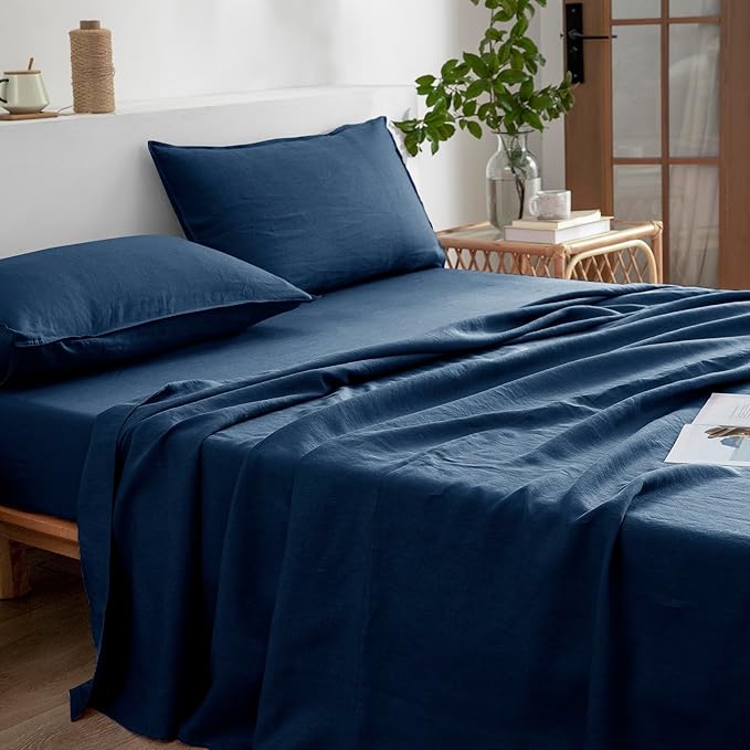 EVERLY Linen Sheets Set Full Size,100% French Stonewash Pure Linen Sheets Set,4Pieces (1Flat Sheet,1Fitted Sheet,2Pillowcase) Suitable for Hot Sleepers,Deep Pocket Natural Bedding Set-Navy Blue