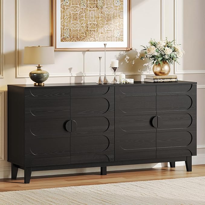 ONBRILL 63" Sideboard Buffet Cabinet with Storage, Large Buffet Cabinet with 4 Circular Panel Design Doors and Adjustable Shelves, Modern Sideboard for Living Room, Kitchen (Black)