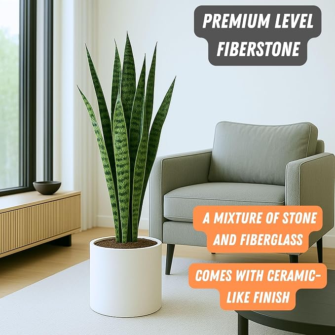 Fox & Fern Large Indoor Planter, Modern Large Plant Pot for Indoor or Outdoor, UV and Frost Resistant - 12 Inch, Fiberstone, Matte White Flower Pot with Drainage Plug, Lightweight