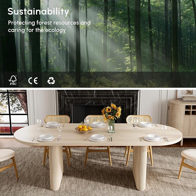 homary Oval Extendable Dining Table 79"–94", Japandi Wooden Dining Table for 6–10, Solid Wood Kitchen & Dining Room Table with Double Pedestal Base (Table Only)