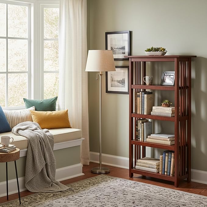 Alaterre Furniture Mission 4-Tier Bookcases with Adjustable Shelves – Mid-century Modern 48-Inch Wood Bookshelf for Living Room, Bedroom or Home Office (Cherry)