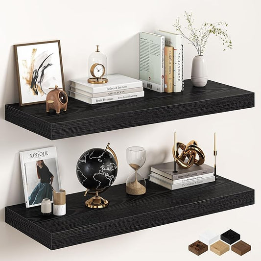 36Inch Black Floating Shelves for Wall, 12 Inch Deep Shelves for Bedroom, Kitchen, Bathroom Wall Mounted, Rustic Wood Floating Shelf with Invisible Brackets for Books, Storage, Decor, 2 Packs