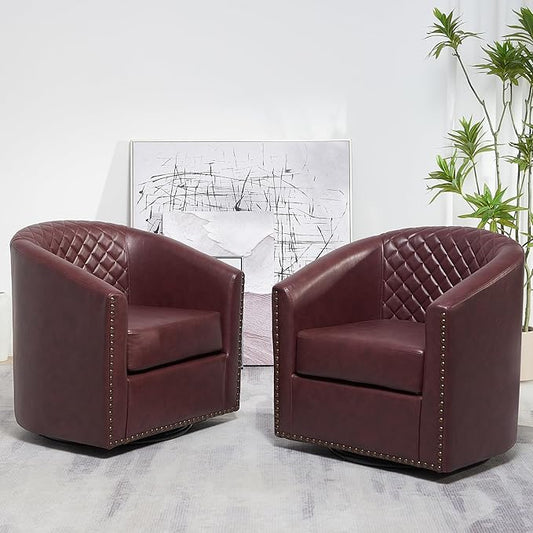 KINWELL 29" Wide Tufted Faux Leather Swivel Barrel Chair Set of 2, PU Leather Modern Upholstered Accent Chairs with Nailhead Trim, Small Armchair for Living Room Bedroom, Red