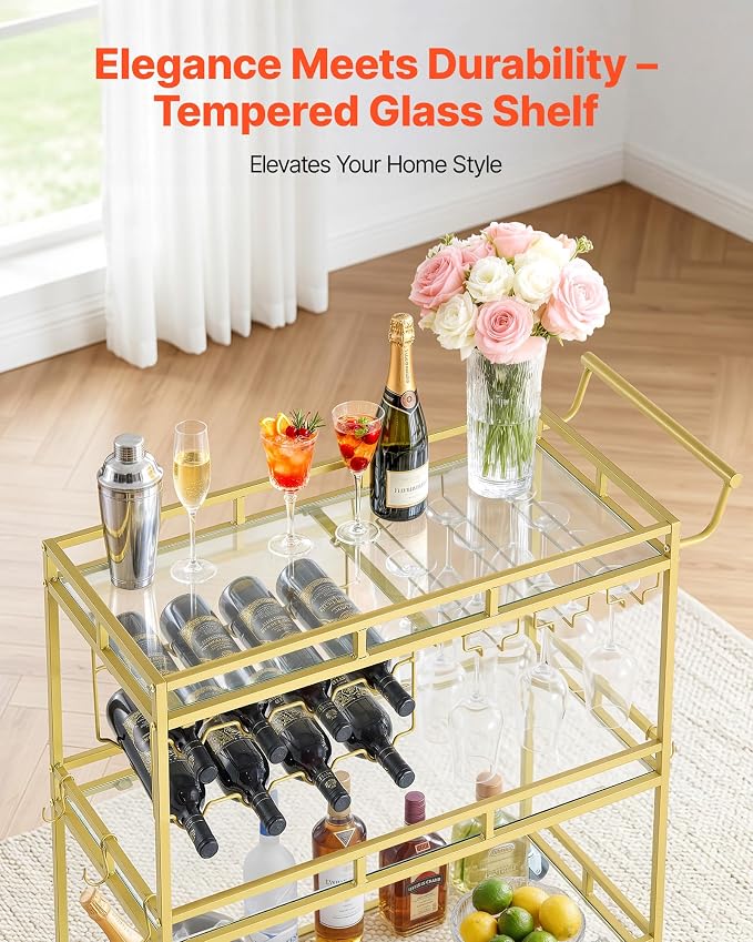 VEVOR Bar Cart, 3 Tiers Home Kitchen Serving Carts, Modern Rolling Utility Station on Wheels, Drink Beverage Trolley with Tempered Glass Shelves, Wine Rack, Glass Holder, for Living Dining Room, Gold