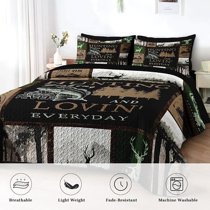 Pamnest Quilt Set Full/Queen Size, Cabin Deer Animal Tree 3 Pcs Soft Bed Cover Bedding Set for Kids and Adults, Rustic Mountains Gray Lightweight Bedspread Coverlet with Pillow Sham for All Season