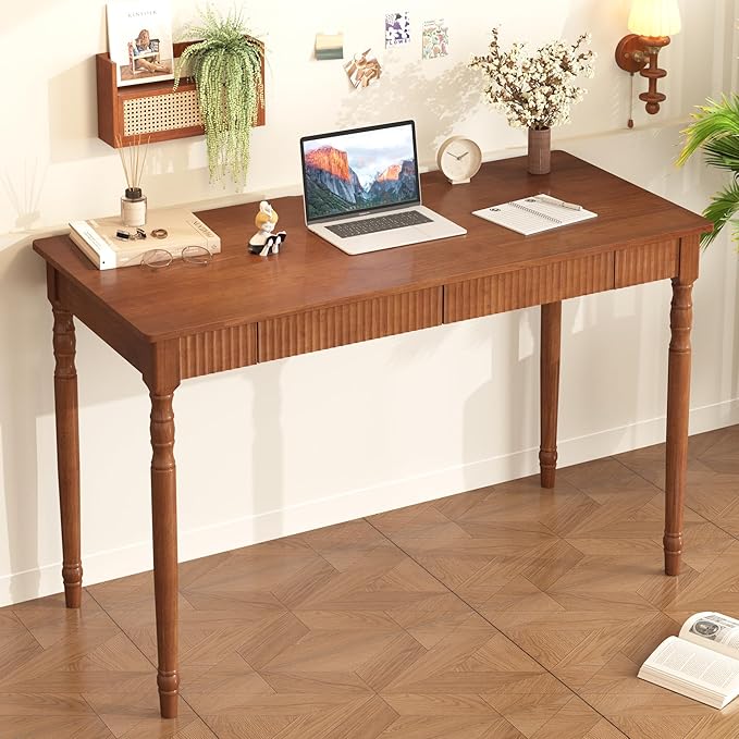 Solid Wood Desk with Drawers - 48 Inch Mid Century Modern Writing Desk,Simple Study Table Home Office Desks for Small Spaces,Easy Assembly Desks for Bedroom, Living Room&Office-Walnut Color