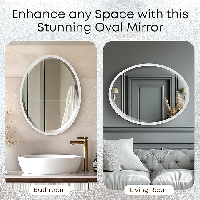 OVALCREST - Oval Wooden Beveled Wall Mirror for Home Decor, Bathroom, Vanity, Bedroom, Living Room, Hallway - London Style (Linen White) 17.1 x 13.1