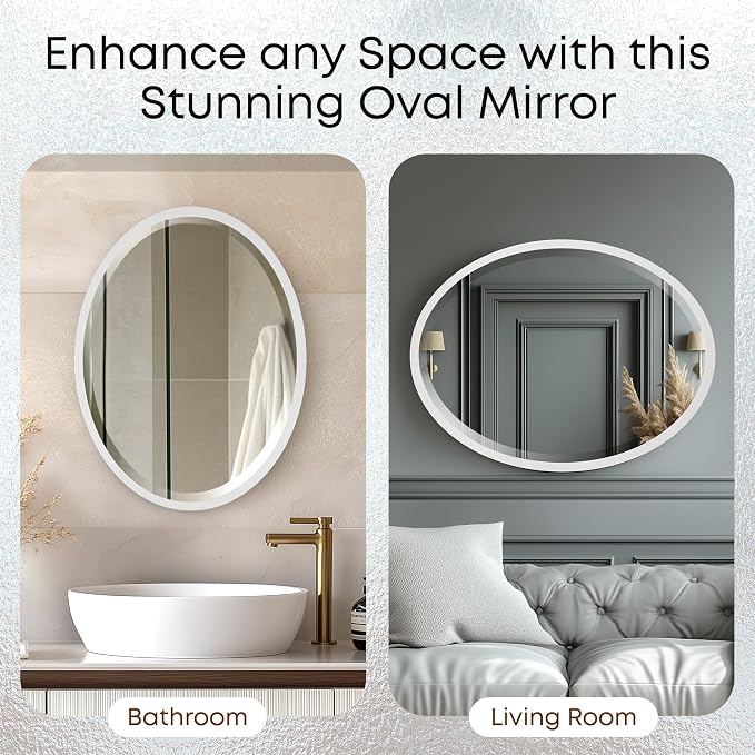 OVALCREST - Oval Wooden Beveled Wall Mirror for Home Decor, Bathroom, Vanity, Bedroom, Living Room, Hallway - London Style (Linen White) 31.1 x 25.1