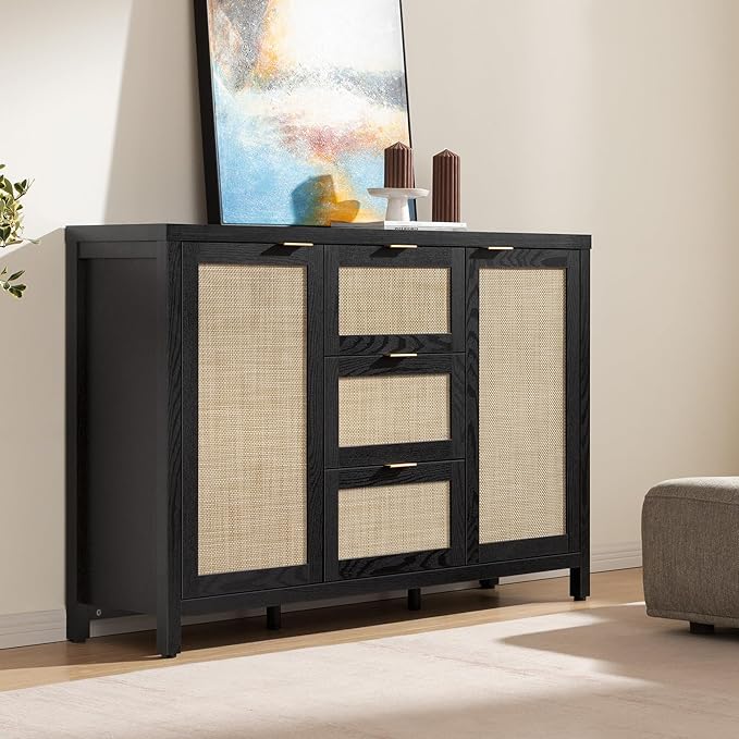 SICOTAS Rattan Sideboard Buffet Coffee Bar Cabinet with Storage - 52" Larger Farmhouse Credenza Storage Cabinet with 3 Drawers and 2 Doors, Boho Console Table for Living Room, Kitchen, Black Oak