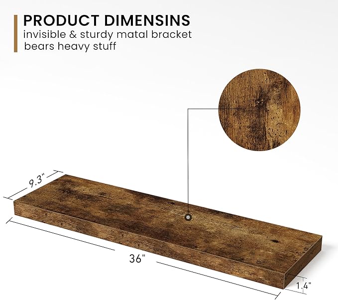 Fun Memories 36 Inch Floating Shelves - Rustic Wooden Wall Shelves - Wall Mounted Storage Shelf with Invisible Brackets - Extra Deeper & Thicker for Living Room, 36" W x 9.3" D x 1.5" H - Rustic Brown