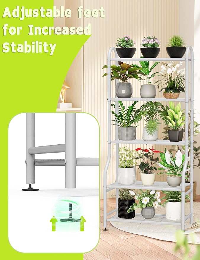 5-Tier Metal Plant Stand - Heavy Duty Indoor Outdoor Flower Shelf for Multiple Pots, 65" Tall Vertical Holder with Adjustable Leveling Feet & Wall-Fixing Kits, White