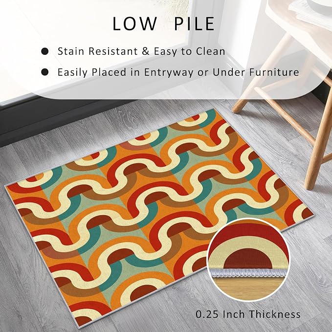 70s Retro Rug 6x9 Checkboard Striped Groovy Pop Pattern Area Rugs for Living Room, Bedroom, 70s Retro Home Decor Accessories Indoor Carpet, Non Slip & Machine Washable, GD0359