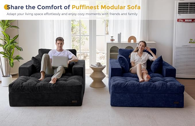 MAXYOYO Oversized Chaise Lounge Sofa, Upholstered Lounge Chair with 3 Pillows, Tufted Boneless Sofa Couch with Ottoman, Deep Seat Chair for Living Room, No Assembly, Navy