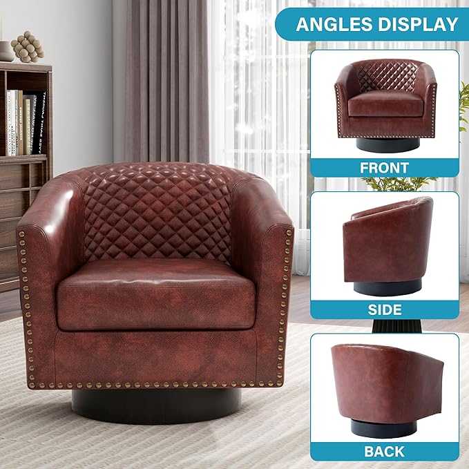 UIXE Swivel Accent Chairs Set of 4, PU Leather Barrel Club Chair for Living Room, Upholstered Round Armchair Comfy Single Sofa Bedroom Reading Seat - Red Brown