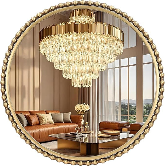 30 Inch Round Gold Bathroom Mirror – Antique Gold Beaded Frame, Large Vintage Decorative Wall Mounted Mirror for Vanity, Bedroom, Living Room, Entryway, 30" Round Gold Accent Mirror