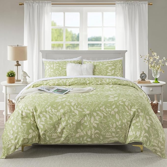 HoneiLife Wildflower Duvet Cover King - 100% Cotton Comforter Cover Sets, 3-PC Comfortable Floral Duvet Cover Sets, Soft & Breathable Duvet Cover with Zipper Closure & Corner Ties, Vibrant Green
