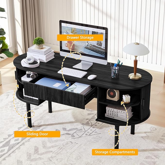 ORRD Home Office Oval Desk with Sliding Tambour Door and Drawer, Modern Fluted Wood Executive Computer Storage Desk for Study, Living Room, Bedroom, Office - Black