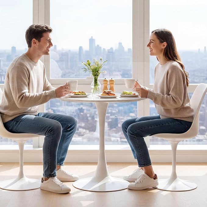 24 Inch Round Dining Table,Mid-Century Tulip Table with Metal Pedestal Base,Modern Leisure Table for Small Space Kitchen Dining Room,Easy Assembly,White