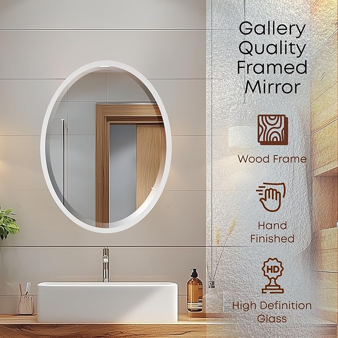 OVALCREST - Oval Wooden Beveled Wall Mirror for Home Decor, Bathroom, Vanity, Bedroom, Living Room, Hallway - London Style (Linen White) 25.1 x 19.1
