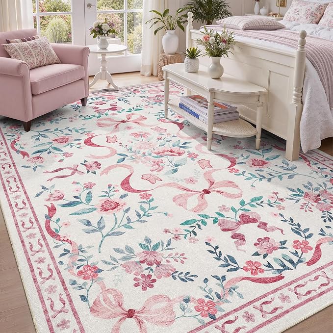 DCX Washable 8x10 Bow Rug, Pink Floral Rug for Girls’ Bedroom, Cute Soft Low Pile Indoor Décor Carpet, Kid & Pet Friendly Nursery Rug for Living Room, Dorm, Playroom