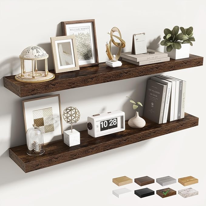36 Inch Floating Shelves for Wall 2 Pack, 36" Wall Shelves for Books, Storage, Decor, Wall Mounted Floating Shelf with Invisible Brackets for Kitchen, Living Room, Brown