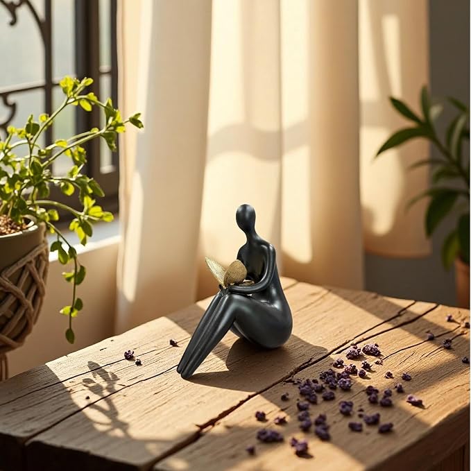 Lescafita Black Abstract Sitting Figurine with Gold Butterfly – Modern Resin Sculpture for Shelf, Desk, Living Room & Office Decor, Minimalist Shelf Sitter Statue for Home Decoration