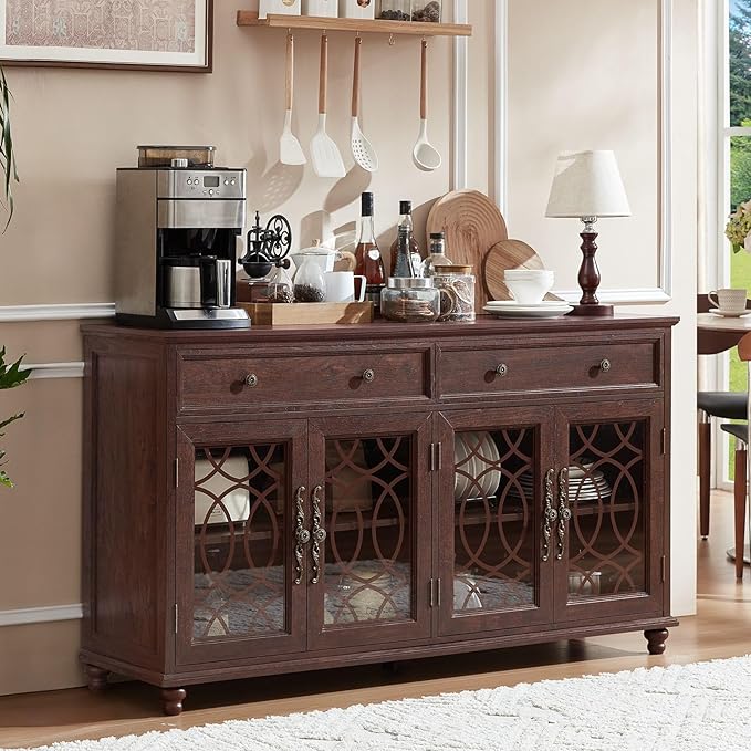 Large Sideboard Buffet Cabinet with Storage,59" Credenza with 4 Glass Doors & 2 Drawers,Adjustable Shelves Coffee Bar,Wood Kitchen Console Table for Dining Room,Living Room,Walnut