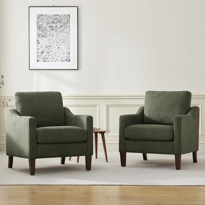 VKNOW Mid Century Modern Accent Chair, Upholstered Living Room Chairs Armchair for Bedroom, Comfy Reading Accent Chairs with Wood Legs for Living Room (1, Green)