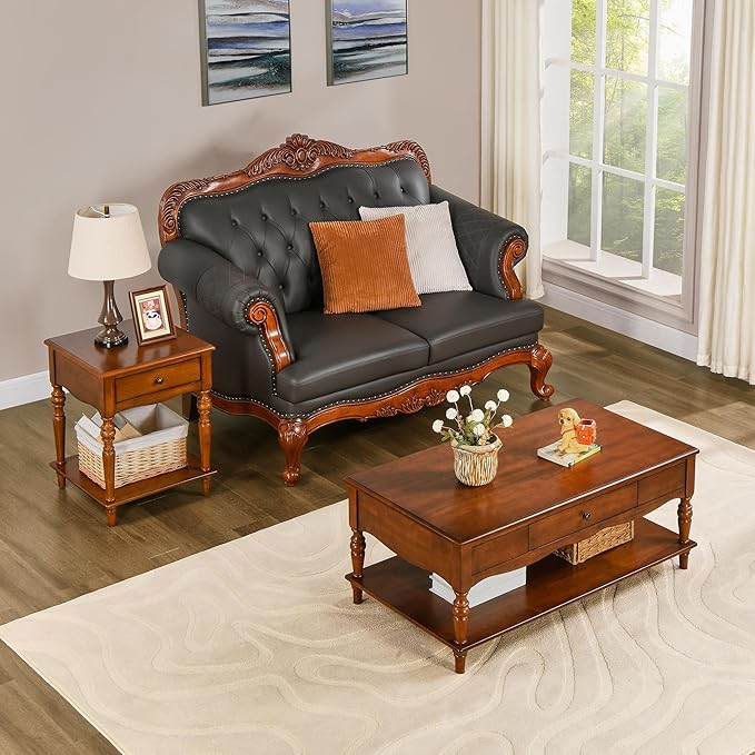 2-Set Solid Wood End Table with Drawer and Storage Shelf, Anne Queen Designed Beside Table with Solid Wood Roman Legs, Square Accent Tables and Meeting Table for Living Room, Bedroom Cherry Brown