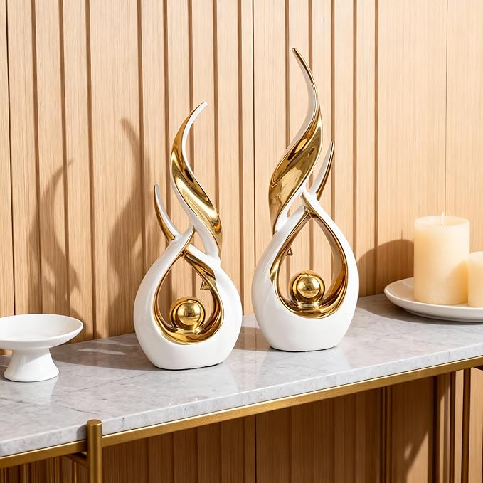 2-Piece Abstract White and Gold Home Decor, Ceramic Abstract Sculpture, Modern Art Piece, Suitable for Room Coffee Table Countertops, Office Bookshelves, Dining Table Centers, Entryway Decor.