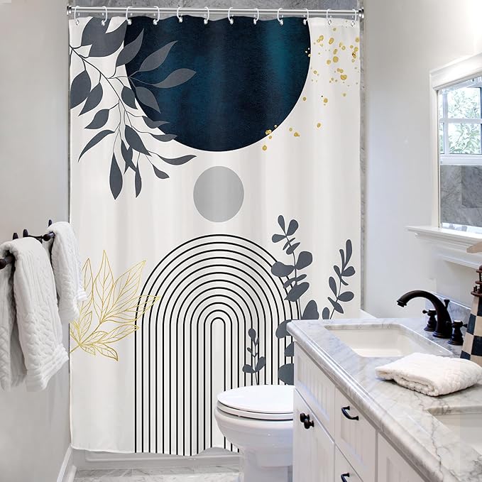 Riyidecor Extra Long Boho Modern Shower Curtain for Bathroom Decor 72Wx96H Navy Blue Abstract Bohemian Tropical Minimalist Aesthetic Art Printed Fabric Polyester Waterproof 12 Pack Plastic Hook