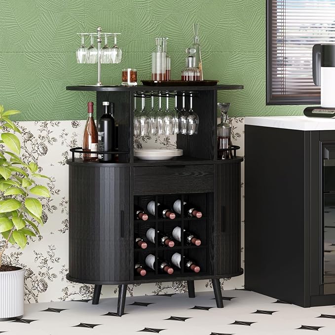 Wine Bar Storage Cabinet, Coffee bar Cabinet for Liquor with Open Wine Rack & Sliding Doors, Modern Home Bar for Living Room, Kitchen, Dining Room（Black