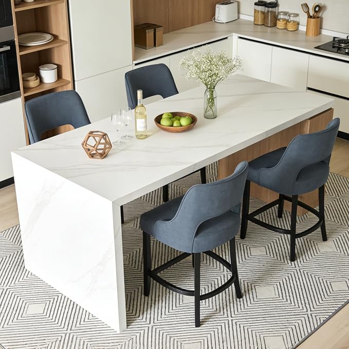 ClinQ Bar Stools Set of 6, 26" H Counter Height Bar Stools with Backs, Modern Upholstered Accent Barstools with Curved Footrest for Kitchen Island, Dining Room and Bar, Navy-Black Legs