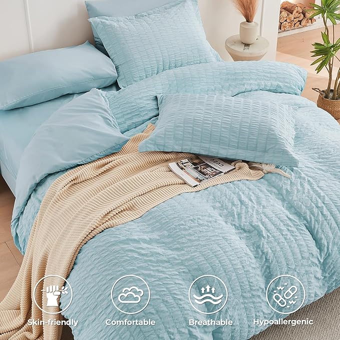 HYMOKEGE Lake Blue Twin XL Comforter Set Seersucker 5 Pieces, All Season Luxury Bed in a Bag for Bedroom, Bedding Set with Comforters, Sheets, Pillowcase & Sham