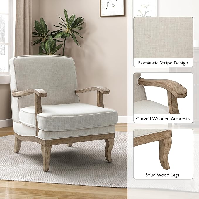 HULALA HOME Mid-Century Modern Accent Chair, Upholstered Living Room Lounge Chair, Lounge Armchair with Romantic Stripes & Solid Wood Legs, Living Room Bedroom Single Sofa Chair (Ivory)
