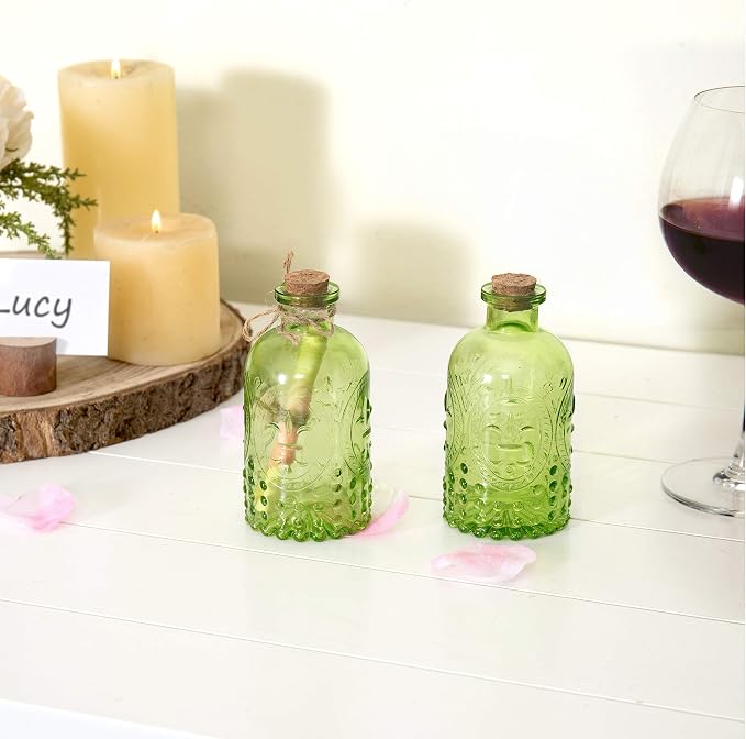 MyGift Vintage Embossed Green Glass Small Reed Diffuser Bottle with Cork Lid, Decorative Flower Bud Vase, Set of 2